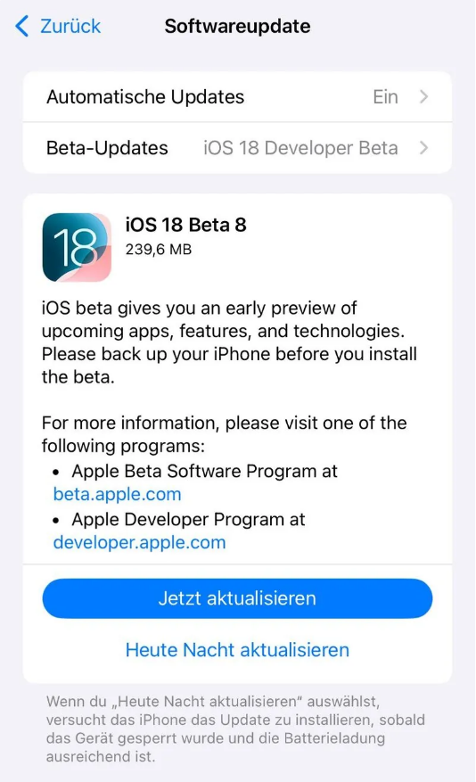 洪洞苹果手机维修分享苹果 iOS / iPadOS 18 开发者预览版 Beta 8 发布 